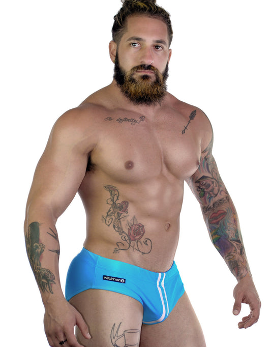 Sportivo bikini teal bright blue form-fitting swim trunks with white side stripes and wildman logo on left hip