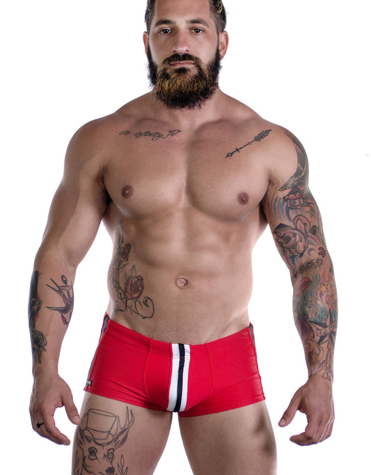 Sportivo square cut red swim trunks with white and black vertical stripe down the side for active swimming