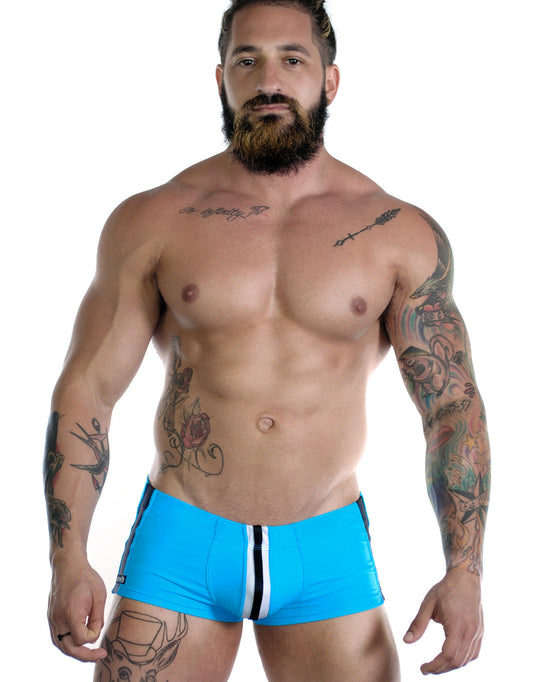 Sportivo square cut teal bright blue athletic briefs with bold black and white vertical stripe down the center