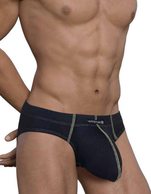 Dark blue denim-style stitch big boy pouch brief with light green stitching and wildman logo waistband in yellow
