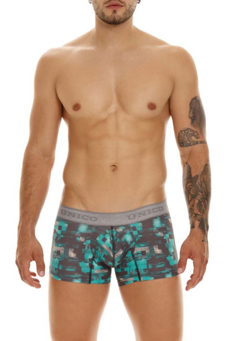 Men’s unico 23050100104 escaque trunks boxer briefs with modern teal and gray digital camouflage and solid gray waistband