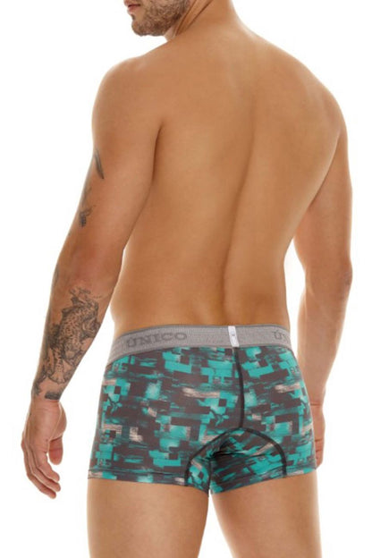 Unico 23050100104 escaque trunks boxer briefs in teal and black digital camouflage with gray unico waistband