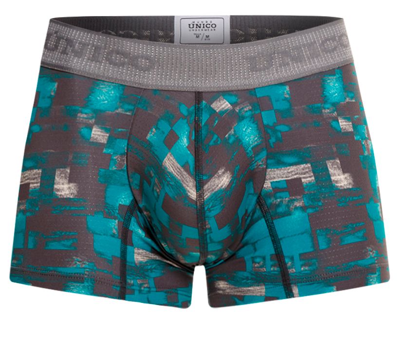 Teal and gray pixelated patterned men’s boxer briefs with branded elastic waistband unico 23050100104 Escaque trunks color 63-Green