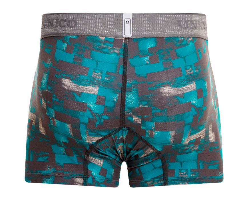 Teal and gray pixelated patterned Unico 23050100104 Escaque trunks with branded elastic waistband for comfortable wear