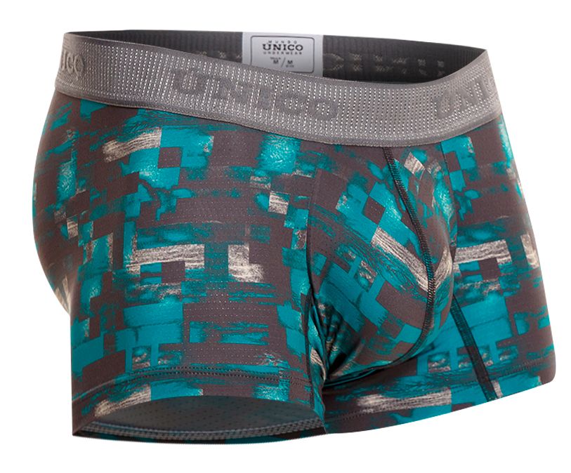Unico 23050100104 escaque trunks in teal and gray pixelated pattern with branded elastic waistband boxer briefs