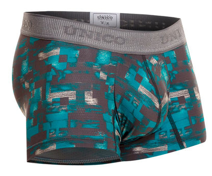 Unico 23050100104 escaque trunks in teal and gray pixelated pattern with branded elastic waistband boxer briefs
