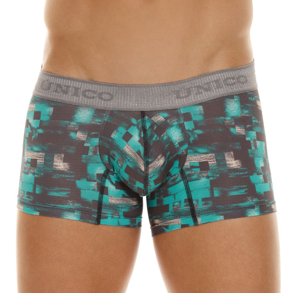 Teal and black pixelated patterned men’s boxer briefs with gray unico waistband escay trunks color 63-green