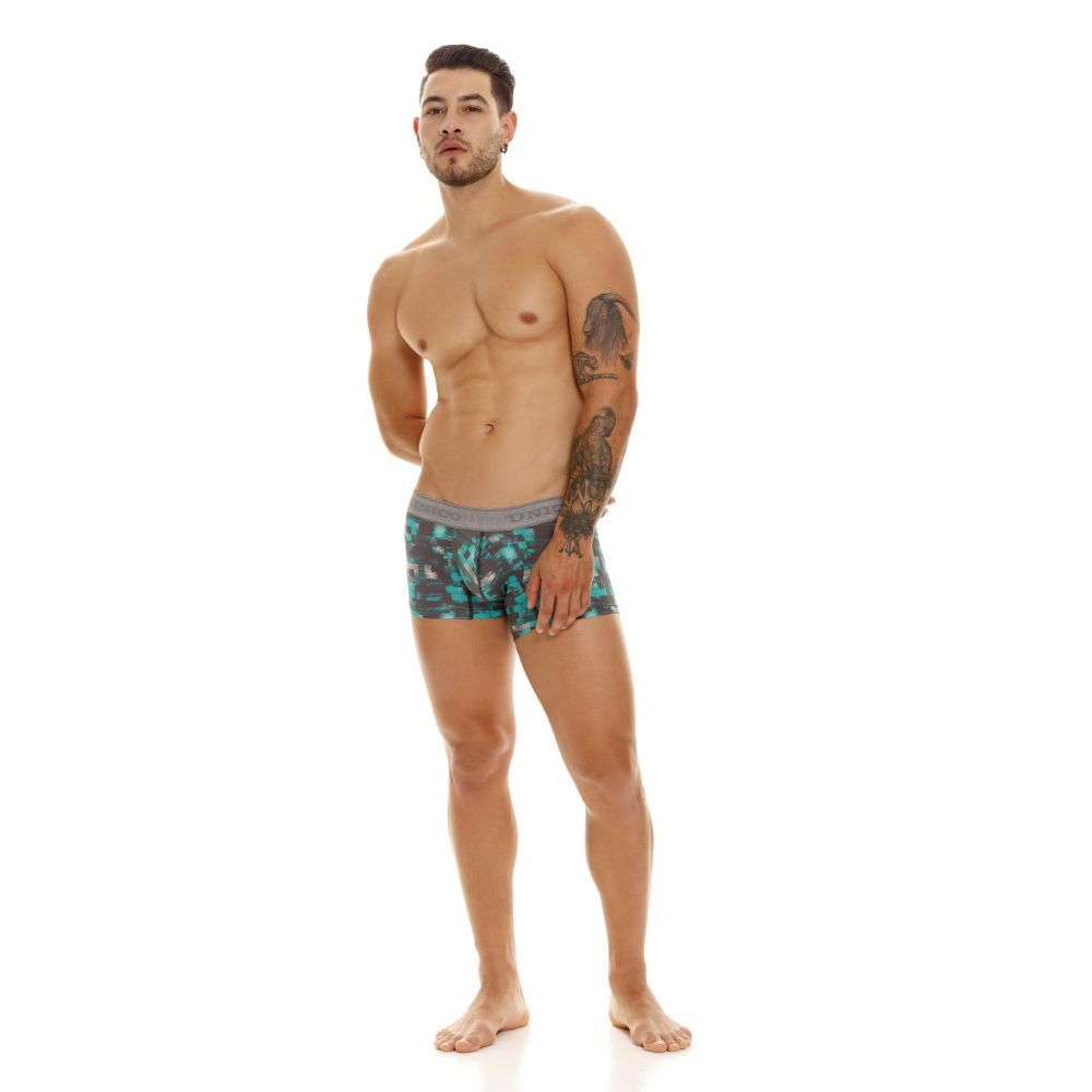 Men’s unic0 23050100104 escaque trunks boxer briefs with teal and black camouflage and solid gray waistband