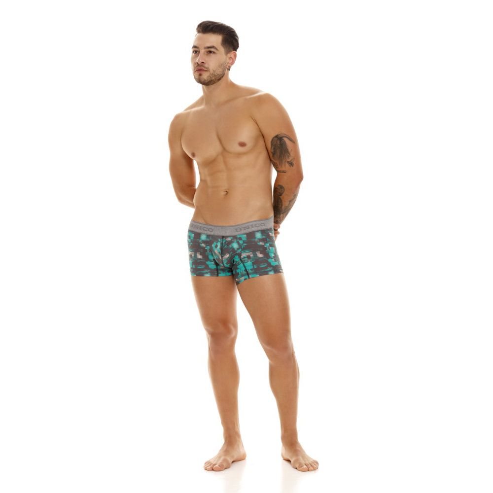 Men’s unico 23050100104 escaque trunks in teal and gray camouflage with a solid gray waistband boxer briefs