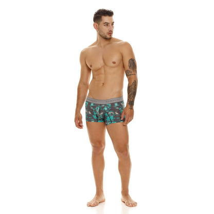 Uncico 23050100104 escaque trunks mens boxer briefs with teal and black camouflage pattern and gray elastic waistband