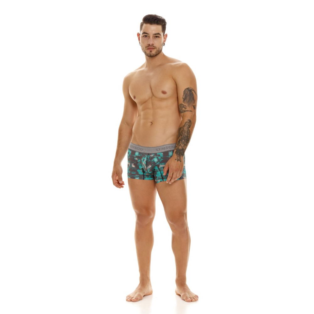 Men’s unico 23050100104 escaque trunks in teal and gray patterned fabric with solid gray waistband