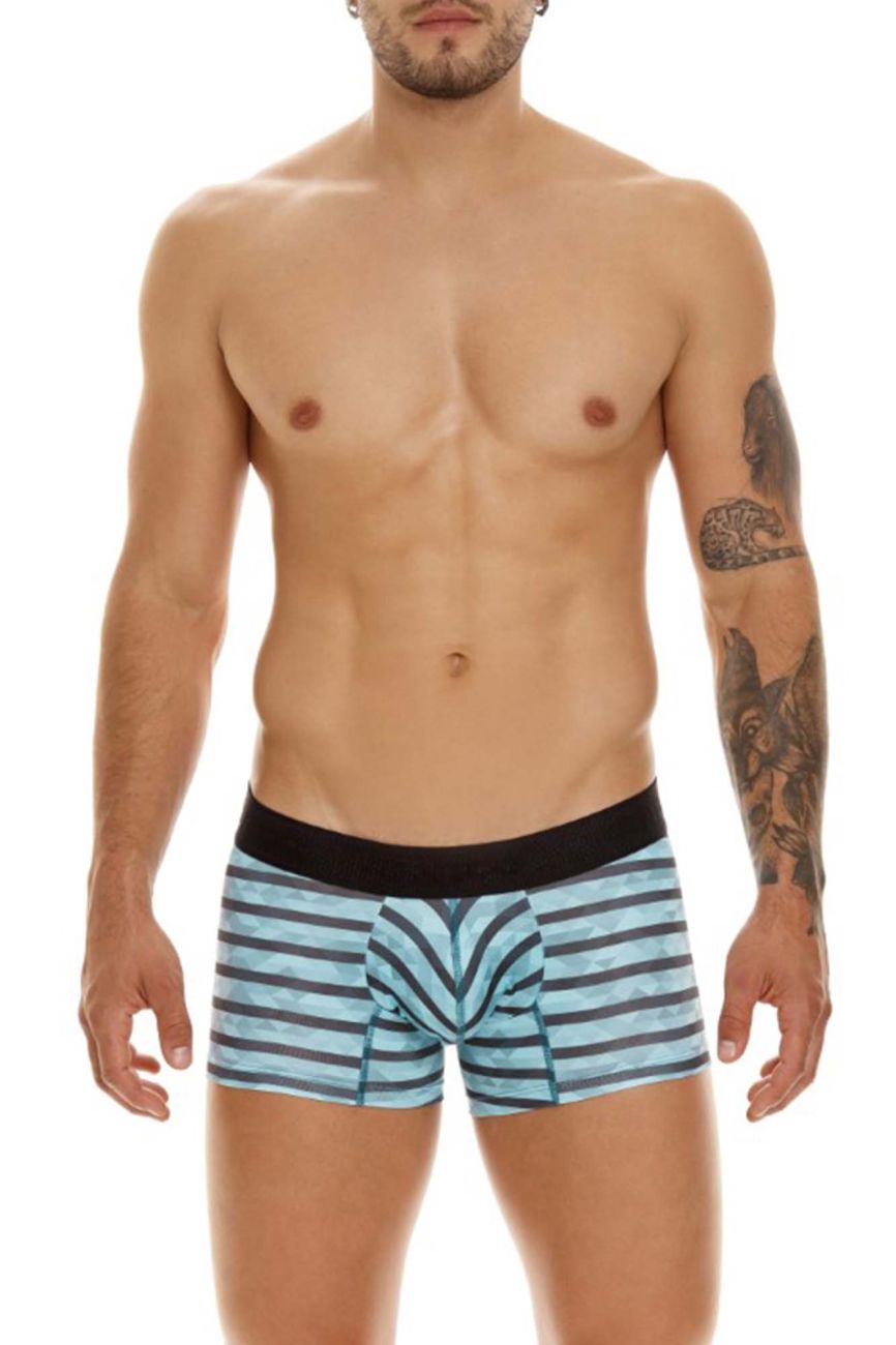 Unico 23050100116 Espectaculo turquoise men’s boxer briefs with light blue and black bold geometric stripes front design