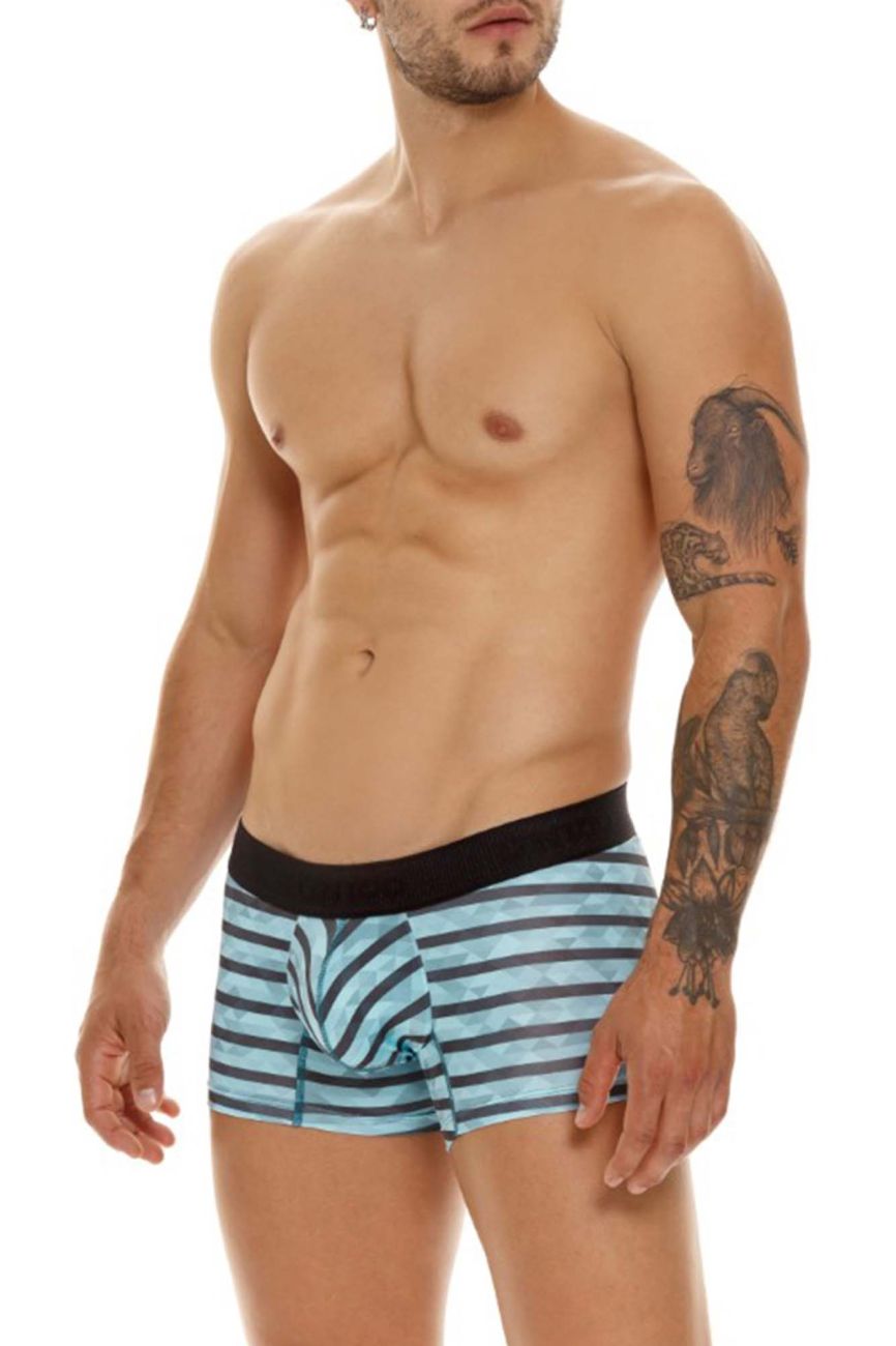 Unico Espectaculo trunks in turquoise blue and black stripes with a solid black waistband for men