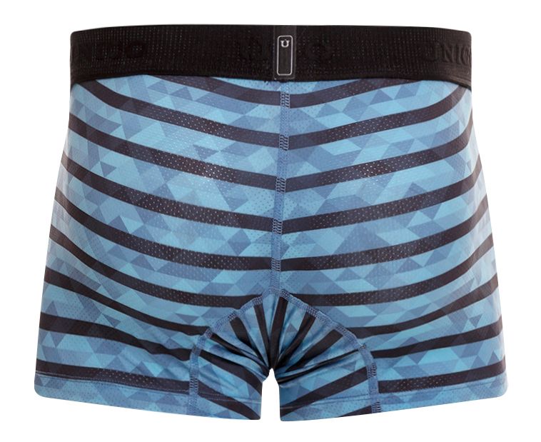 Blue and black geometric-striped unico 23050100116 espectaculo trunks with black uniqlo waistband in turquoise color