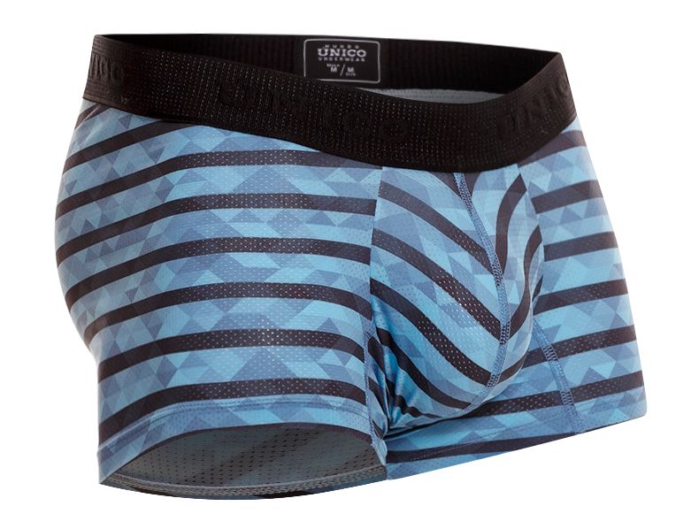 Blue and black geometric-striped men’s boxer briefs with black elastic waistband and unico brand label in turquoise color