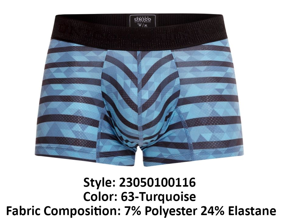 Blue and black geometric patterned unico 23050100116 espectaculo trunks with black waistband in turquoise color