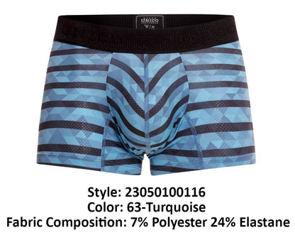 Blue and black geometric patterned unico 23050100116 espectaculo trunks with black waistband in turquoise color