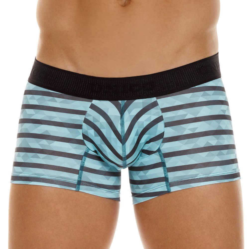 Unico 23050100116 Espectaculo trunks in turquoise feature light blue and dark gray geometric-striped boxer briefs with black waistband