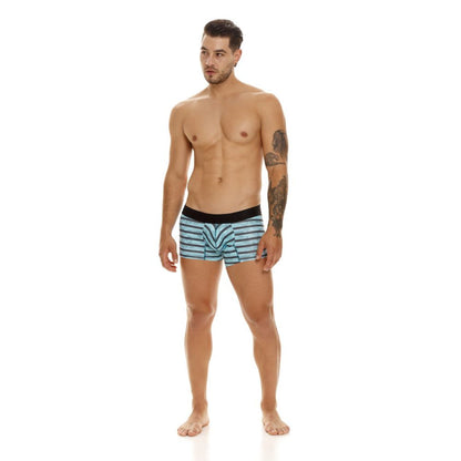 Men’s unico 23050100116 espectaculo trunks in turquoise with light blue white stripes and black waistband featuring geometric pattern