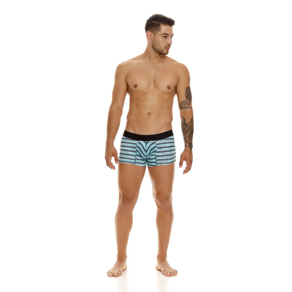 Unico Espectaculo trunks in light blue and black stripes with a solid black waistband for comfortable wear