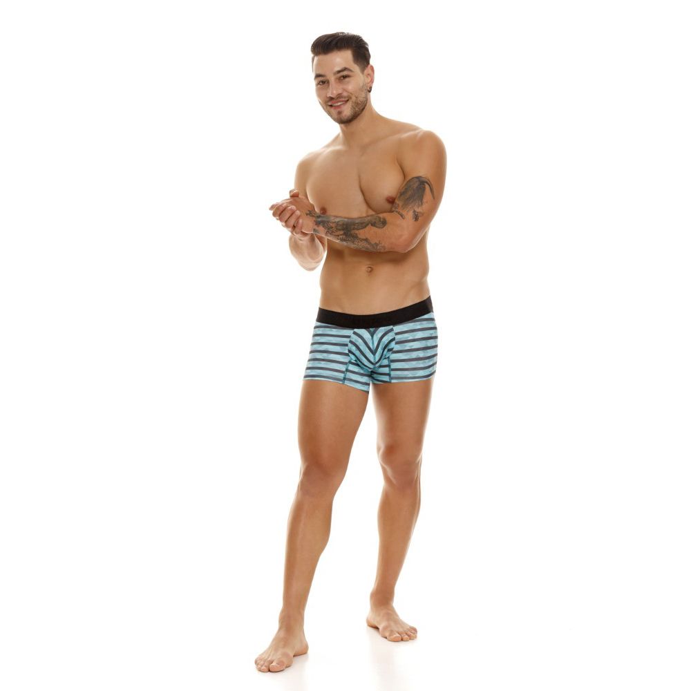 Unico 23050100116 espectaculo trunks turquoise blue and white striped boxer briefs with black waistband front view