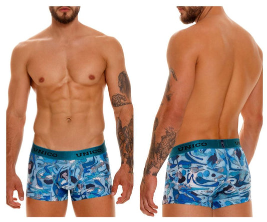 Unico 23080100106 atlantida trunks in blue and white abstract pattern with teal elastic waistband boxer briefs