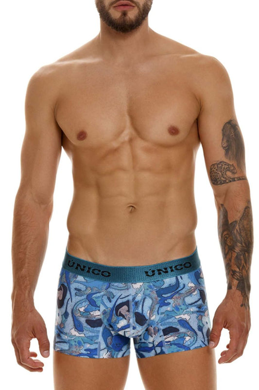 Unico 23080100106 Atlantida trunks blue patterned men’s boxer briefs with teal waistband for comfortable wear
