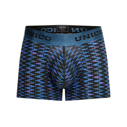 Unico 23080100121 filamento trunks in black and blue patterned fabric with textured waistband for men