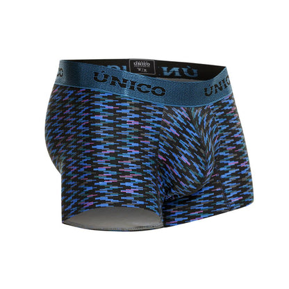 Unico 23080100121 filamento trunks men’s boxer briefs with blue and purple geometric pattern and textured elastic waistband