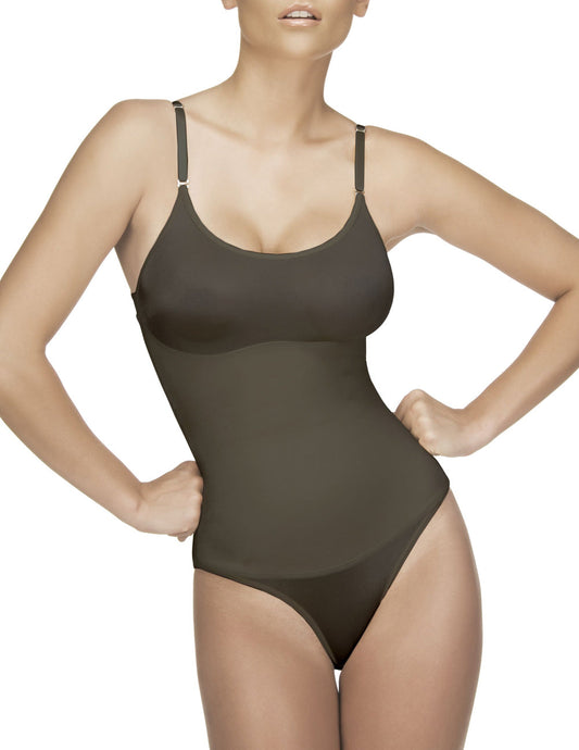 Vedette 105 Lea bodysuit in bikini color black featuring a sleek dark olive bodycon design with thin adjustable straps