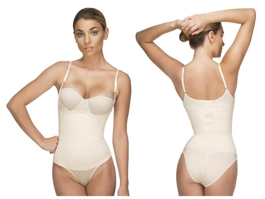 Beige seamless Vedette 107 Evonne underbust bodysuit in nude with thin straps and smooth form-fitting design