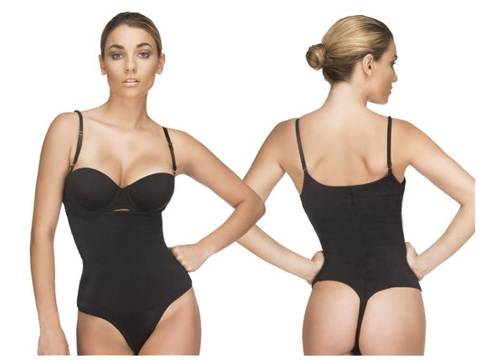Black seamless vedette 111 evonne underbust bodysuit in thong with thin straps and a flattering form-fitting design