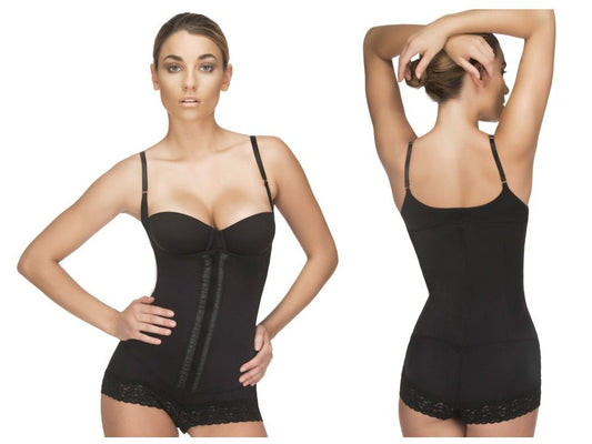 Black vedette 136 megane open bust bodysuit with lace trim features adjustable straps and a central zipper