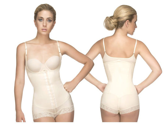 Cream-colored nude vedette 136 megane open bust bodysuit with lace trim adjustable straps and front zipper body shaper