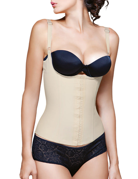 Beige underwire bra with adjustable straps and satin-like finish shown with vedette 200 renee nude latex underbust waist cincher