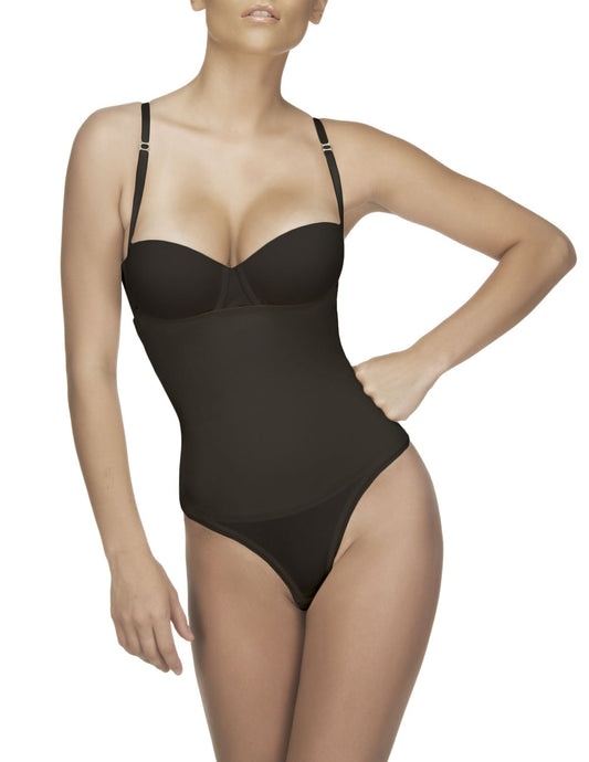 Black seamless vedette 211 nadine strapless thong bodysuit with thin adjustable straps shown from the back