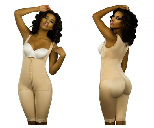 Beige vedette 350 marcelle high back full body shaper with front zipper and lace trim at the hem in nude color