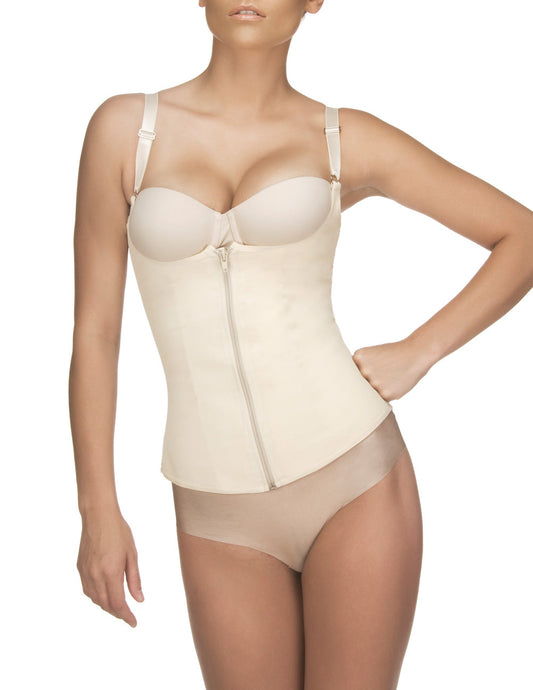 Beige vedette 400 felice underbust waist cincher with underwire adjustable straps and front zipper in nude color