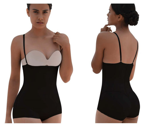 Black and white seamless bodycon Vedette 5099 strapless body shaper with thin straps and butt lifter effect