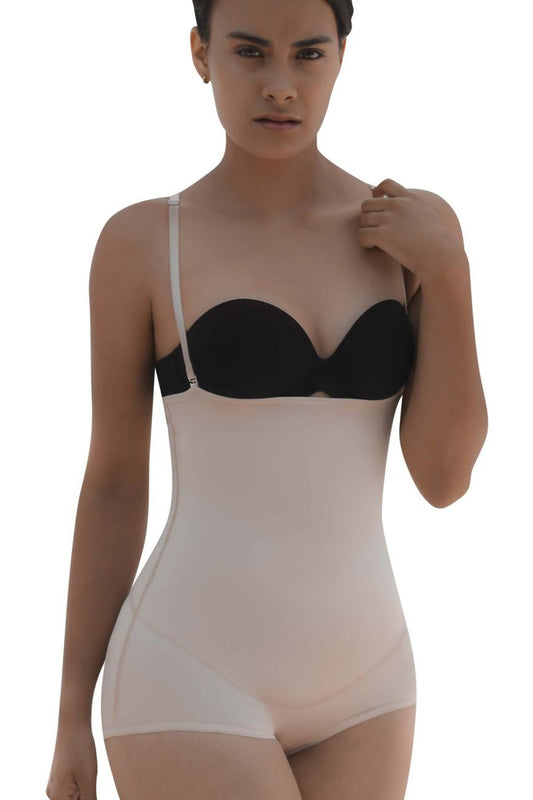 Black and beige Vedette 5099 strapless body shaper bodysuit with thin straps and butt lifter in nude color