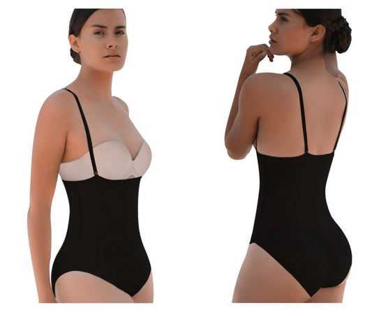 Black vedette 5108 strapless body shaper bodysuit with thin straps and white underwire bra insert for shaping and lifting