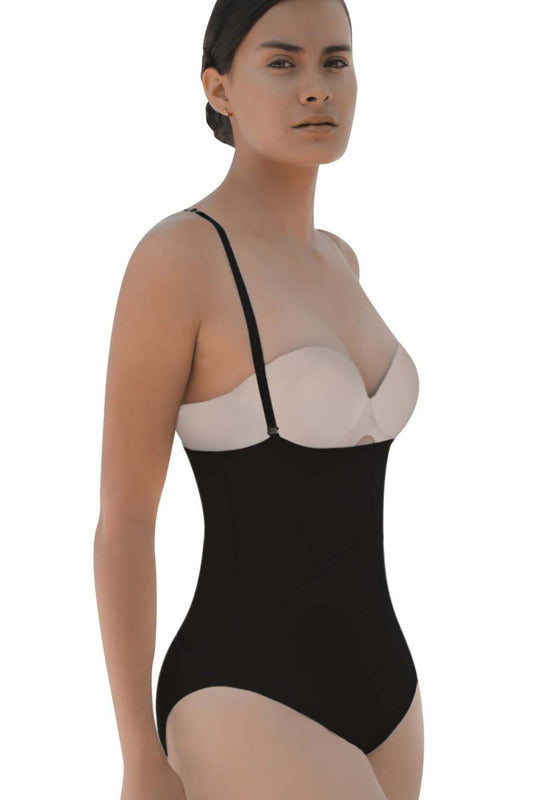 Black and white one-piece bodycon swimsuit with thin straps shown from the back in Vedette 5108 strapless body shaper butt lifter color black