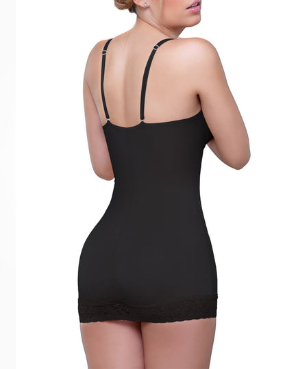 Black vedette 917 abella shaping skirt bodysuit with bra featuring delicate lace trim hem and adjustable straps