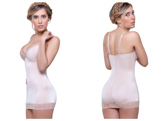 Vedette 917 Abella shaping skirt bodysuit nude color form-fitting body shaper dress with delicate lace trim hemline