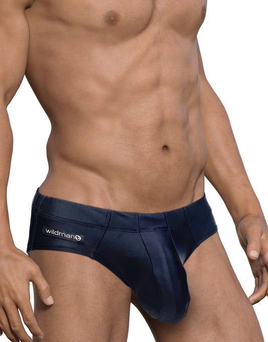 Navy blue satin-like fabric swim briefs with wildman brand label on waistband big boy pouch design