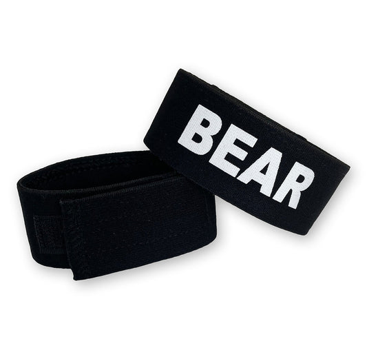 Wildmant fetish max black elastic wristband cock-ring with bold white bear lettering