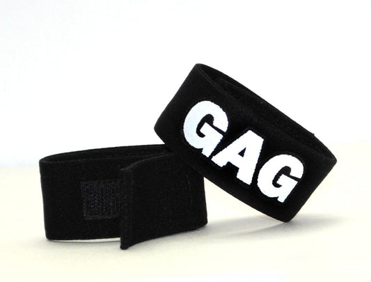 Wildmant fetish max cock-ring-gag black velour wristband with bold white gag lettering for fetish use