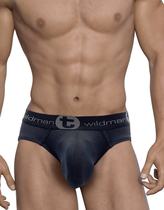 Dark blue denim mesh big boy pouch brief with black elastic waistband featuring wildman brand name and logo