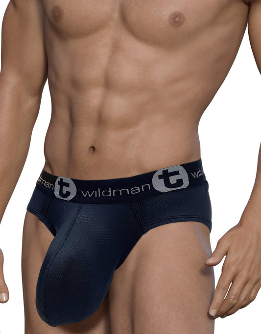 Wildman brand navy blue mesh monster cock brief jockstrap with textured fabric and elastic logo waistband
