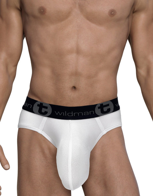 WildmanT mesh monster cock brief white with white mesh fabric and black elastic waistband featuring wildman logo